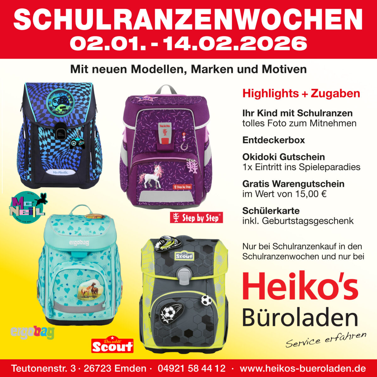 Werbeteaser für die Schulranzenwochen vom 2.1. bis 14.2.2026